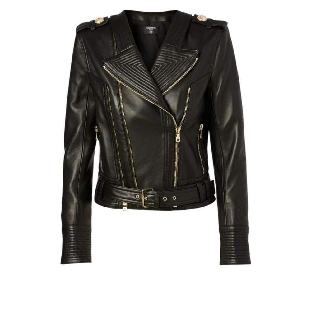 Balmain - Lambskin Buckle-Belt Leather Jacket, Black - FR 38